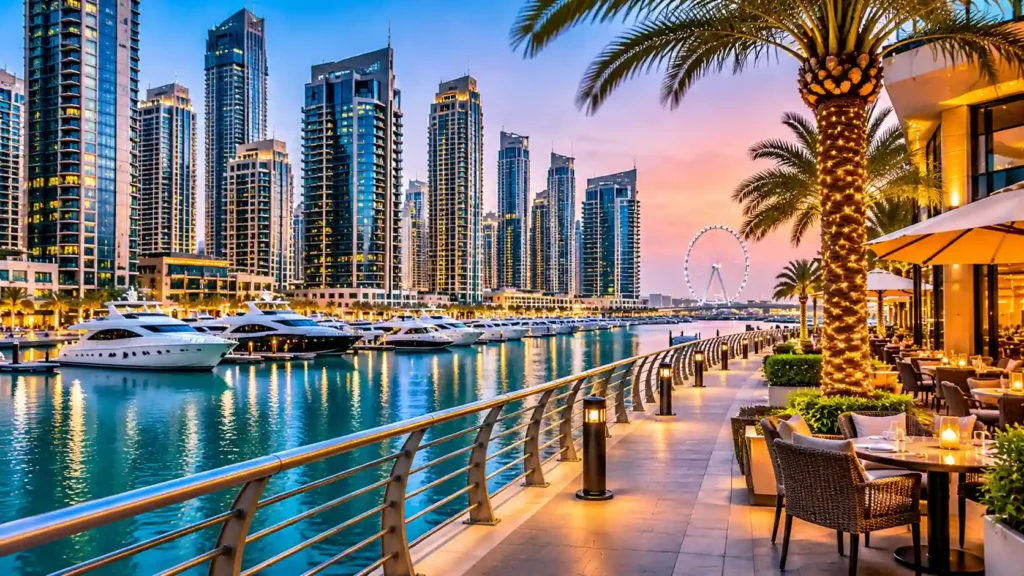 Luxury apartment living room with panoramic Dubai Marina views.