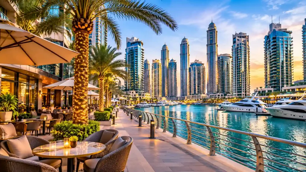 Waterfront residences overlooking yachts in Dubai Marina.