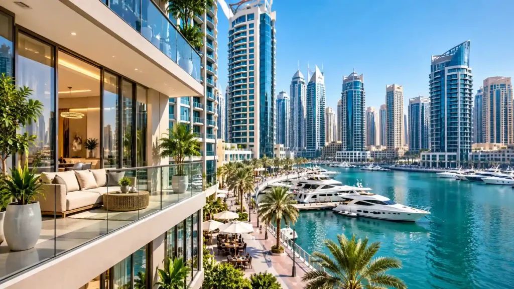 Modern apartment interior overlooking Dubai Marina.
