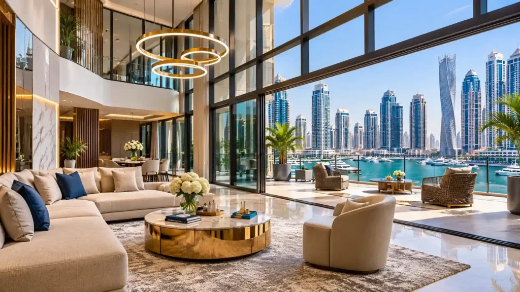 Luxury penthouse terrace overlooking Dubai Marina at sunset.